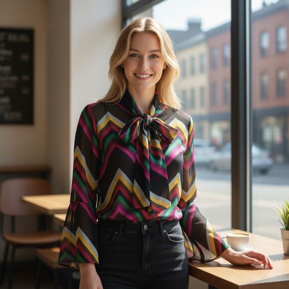 Alice + Olivia Colorful Striped Silk Bowtie Sheer Button Top Sz XS Blouse Preppy - Picture 12 of 12